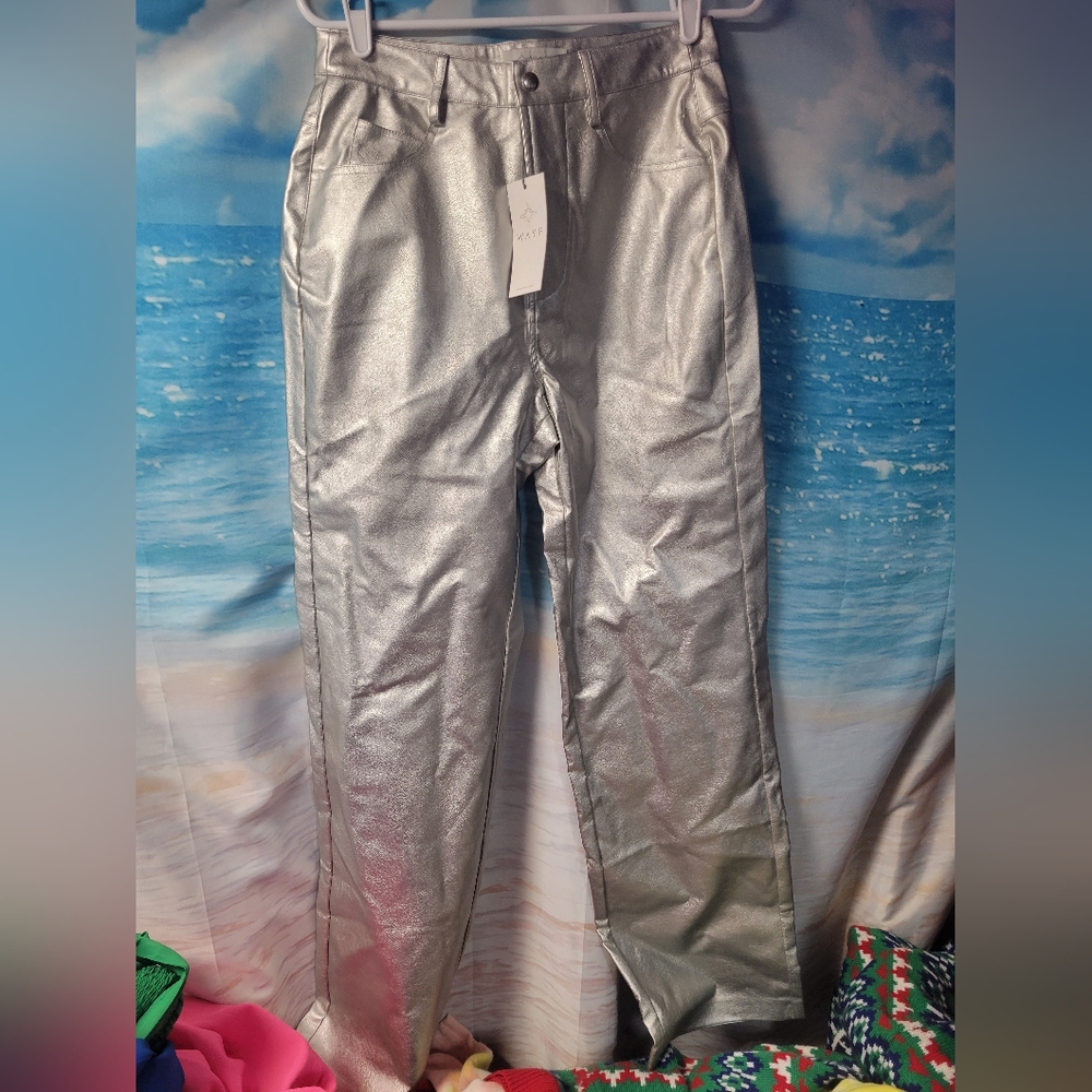 WAYF NWT Women's Silver Faux Leather Pleather Pants Size Small